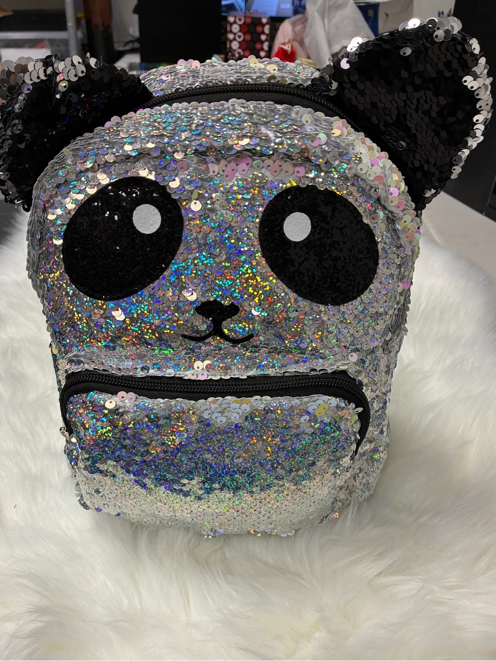 Sequin Panda Kids Small Backpack - Silver Sparkle